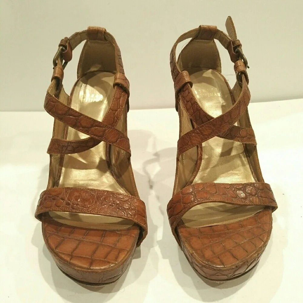 Stuart Weitzman Women's Strappy Heel Croco Tan 7